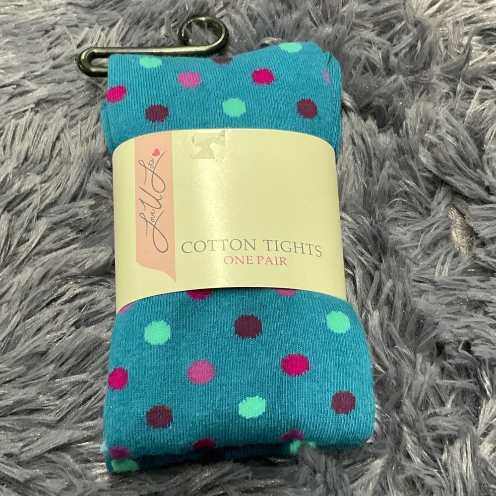 Love U Lots Little Girls 12/14 Blue Polka Dot Cotton Tights - New